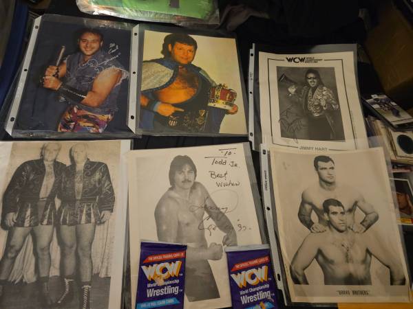 6 wrestling pictures some autographed plus 2 packs unopened 1