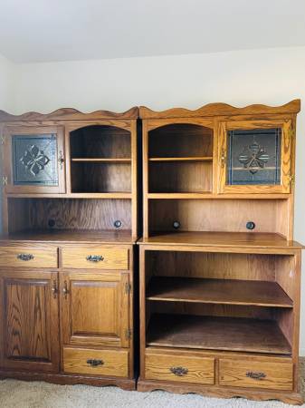 2 Oak cabinets with beveled glass doors 1