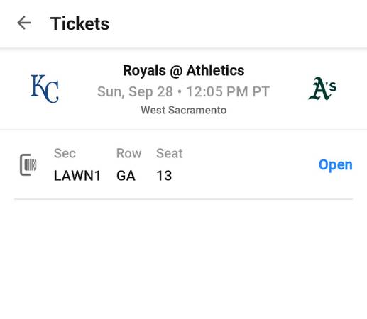 1 Lawn Seat for Athletics Season Finale! Royals at Athletics Sun 9/28 1