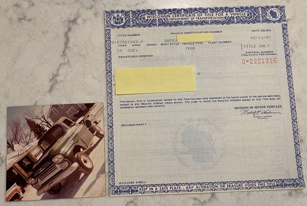 Original 1959 Chevy Truck Historic Document 1