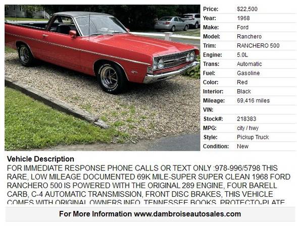 1968 Ford Ranchero 500, LOW MILES, VIRGINIA CAR!!!! - $22,500 (Lowell MA, 978-996/5798)63654723505539122