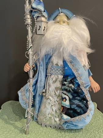 Slightly Used 16" High Blue Collectible Santa with light post 1