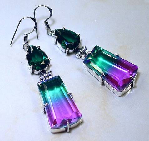 UNWORN WATERMELON BI-COLOR TOURMALINE+GREEN QUARTZ EARRINGS 2 1/2" 1