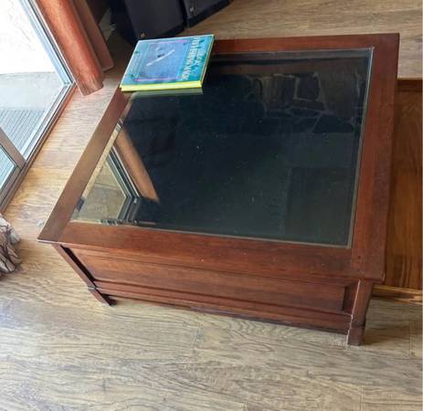 Square display coffee table cherry wood storage glass wood 1