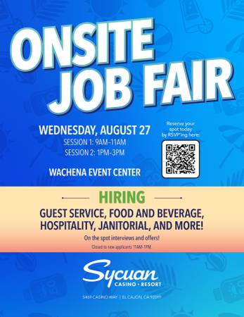Sycuan Casino Hiring Event- Wednesday 8/27 On the spot job offers! 1