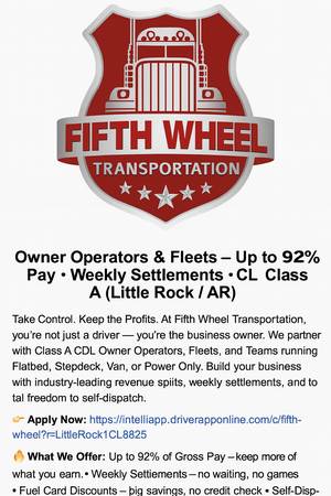Owner Operators – Up to 92% Pay • Weekly Settlements • Little Rock 1