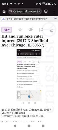 Bike rider injured by Uber Lyft (2917 N Sheffield Ave, Chicago, IL 60657)
