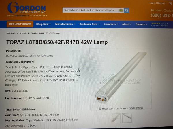 LED T12/T8 Topaz 8ft RetroFit High Output Tubes, 5500Lumens NEW 1