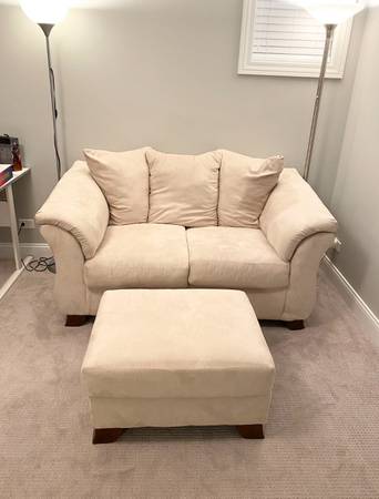 Beige microsuede sofa couch love seat with ottoman foot rest 1