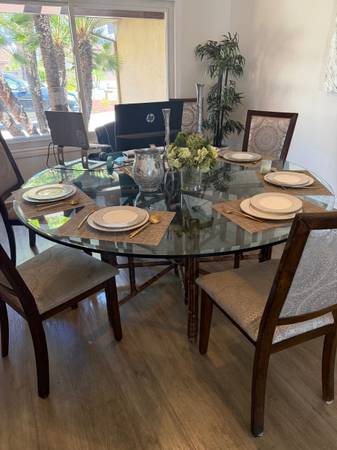 Large Glass Dining Table with Bamboo Stand 1