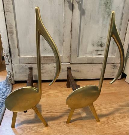 Vintage Tennessee Chrome Plate Co Brass Eighth Music Note Fireplace Andirons 1