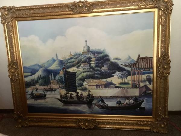 Extra Large Painting Wall Hanging - Asian seaside village/Trio Buddhas 1