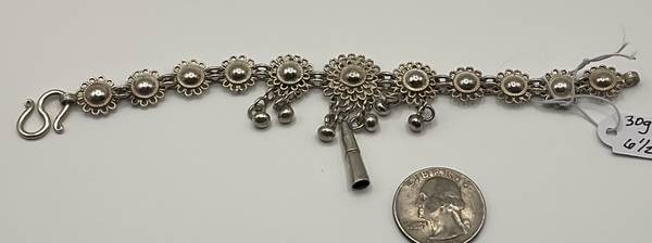 Vintage Handmade Sterling Silver 6 1/2” Floral Dangle Bracelet 1