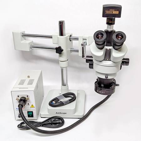 AmScope SM Trinocular Stereo Zoom Microscope 10MP Camera/Fiber Light 1