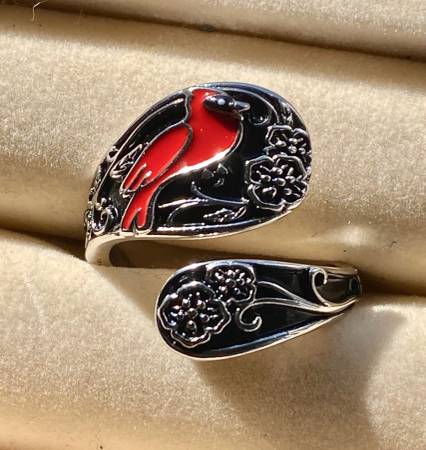 Red Cardinal & Flowers Sterling Silver Adjustable Ring Size 7 1