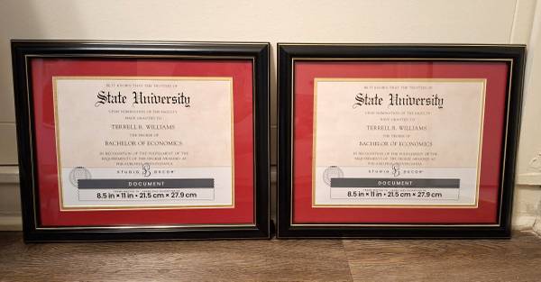 Two Diploma Frames, Matted w/ Gold Trim - Never Used 1