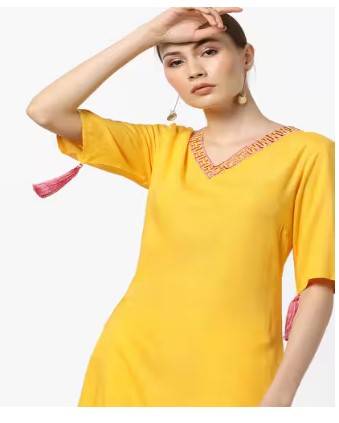 Embroidered V-neck Straight Kurta with Tassels 1
