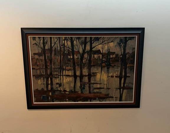 Vintage Framed Acrylic Painting of a European Village 1