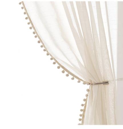PINK Sheer Curtains with Pom-Pom Trim-New 1