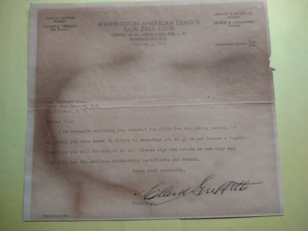 Clark Griffith (HOFer) 1947 Letter to Gil Coan / Senators Letterhead 1