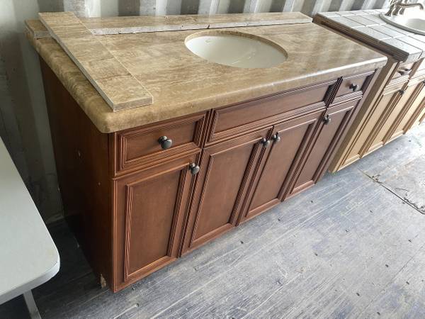 53.5"W Med Brown Bathroom Vanity Tan Marble Top Kohler Sink Used 1