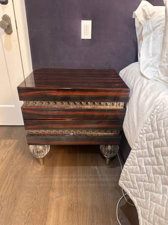 Pair of glossy Macassar ebony nightstand with mirrored trim and sphere 1