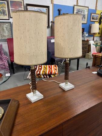 Pair of turned wood retro small lamps 1