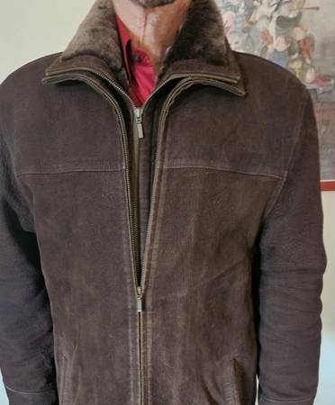 Luxurious Brown Suede Shearling Handmade Men's Coat Removable Collar, 1