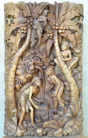 Balinese wood panel with high relief carving depicting a rural scenery 1