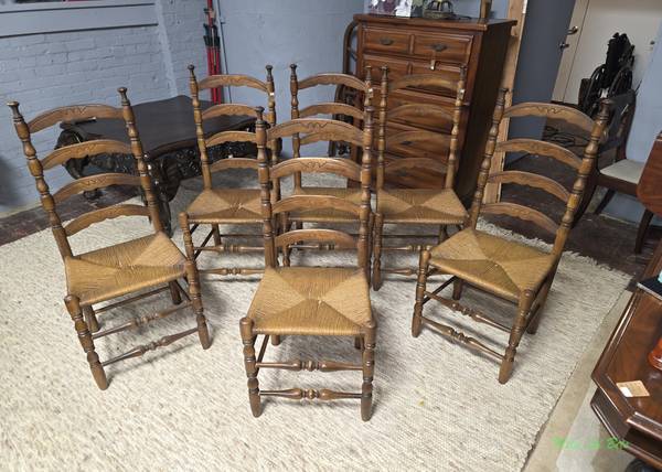 French Country Ladder-Back Chairs w/Hand-Woven Rush Seats Set of 6 1