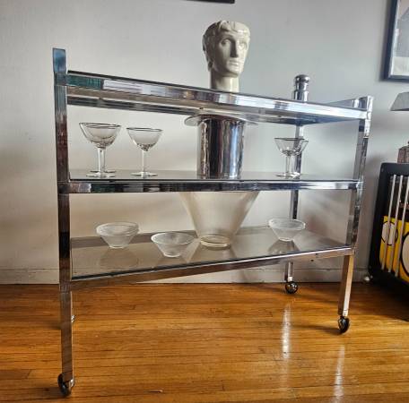 Vintage Italian Modernist 3 tier Chrome+Smoked Glass Console 1