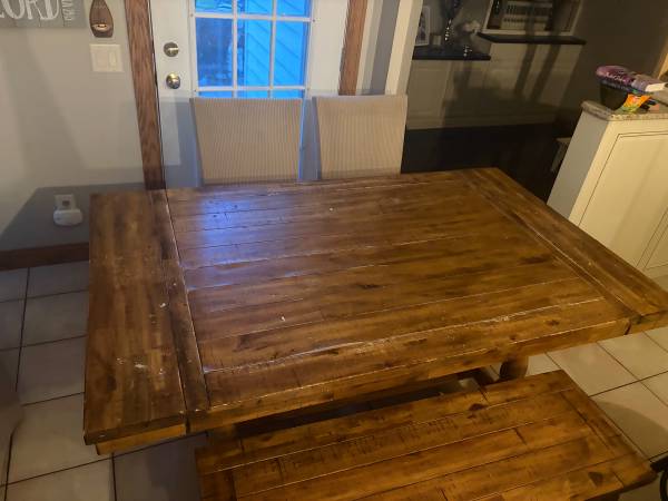 Dining table three chairs and bench 1