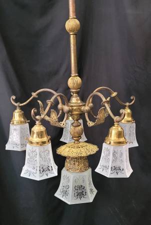 Ornate 6 Light Victorian Chandelier w/ Fluted Etched Shades 24" x 36" 1
