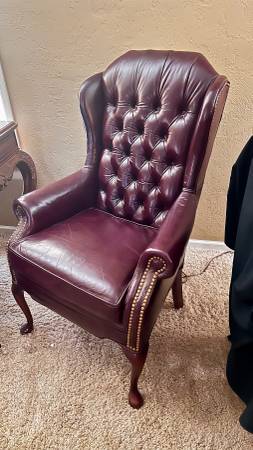 Burgundy, leather wing back library chairs 1