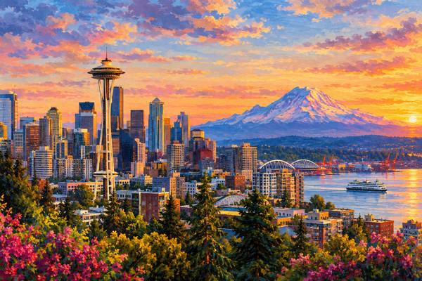 Vibrant Seattle with Space needle and Mt Rainier painting Canvas 1