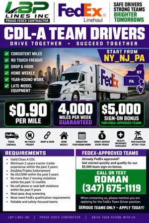 FEDEX CDL-A TEAM DRIVERS – 4,000 MILES GUARANTEED – $5K SIGN-ON BONUS 1