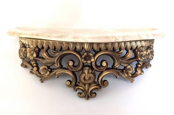 Vintage Wall Mounted Shelf with Beige Stone Top & Ornate Gold Surround 1