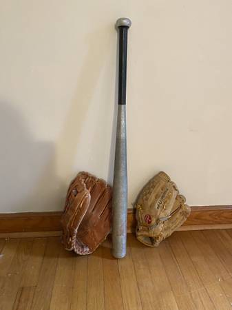softball mitts, bat 1