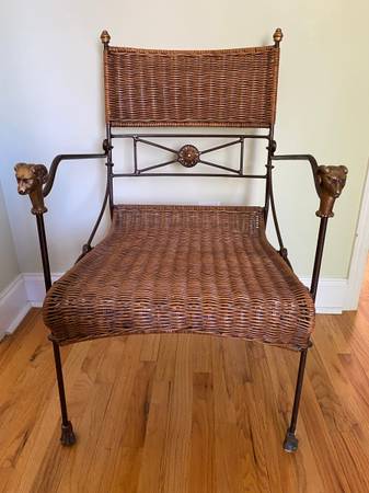 Vintage 1960's Diego Giacometti Iron & Wicker w/ Rams Head Accents 1
