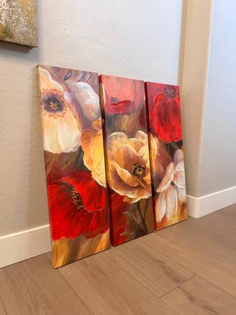 36x36 Three Piece canvas Art Red/Yellow/Brown/Beige Floral Art 1