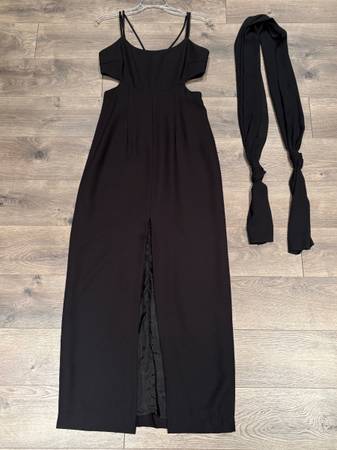 Women's Sz. 6 Black Long Dress, Side Cut-Outs, Neck Scarf, Made in USA 1