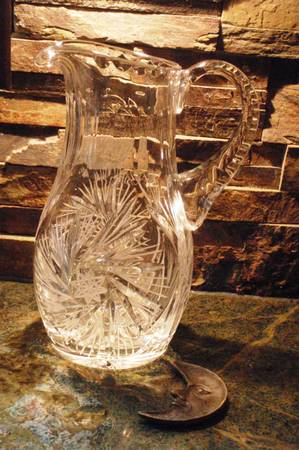 Vintage Tall Heavy Cut Glass Pitcher  8 Star Pattern 1