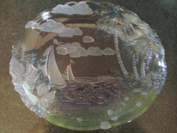 New, Large Glass Serving Tray with Sailboat and Palm Trees 1