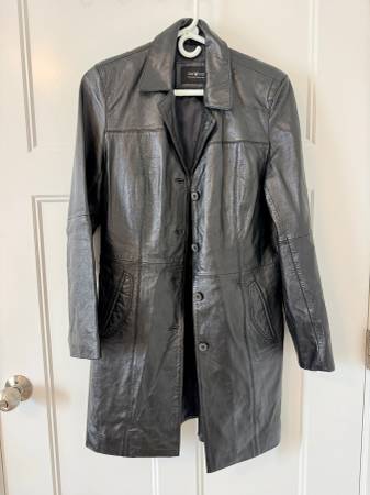Women's Long Leather Jacket in Black Medium Size 1