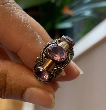 Sterling Silver Ring (Size 6) with Natural Amethyst Stones 1