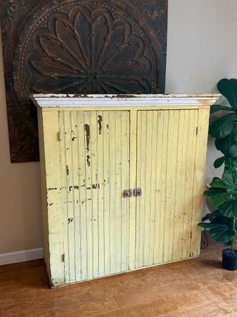 Antique Primitive Painted Beadboard Cabinet | Rustic Yellow Farmhouse Cupboard 1
