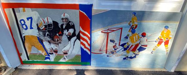 2 Vintage Large Linen Prints - Hockey & Football - Mounted Wall Art 1