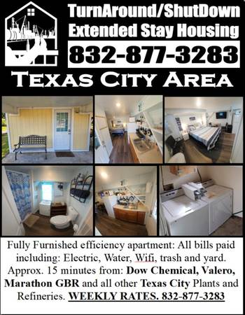 WEEKLY EFFICIENCY RENTAL - Perfect for Texas City Plant Worker 1