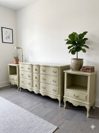 French provincial Solid Oak tripple dresser and matching Nightstands 1
