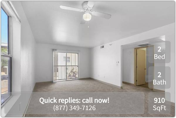 Don't wait! This spacious 2 bed, 2 bath will go fast! 910 Sq Ft! 1